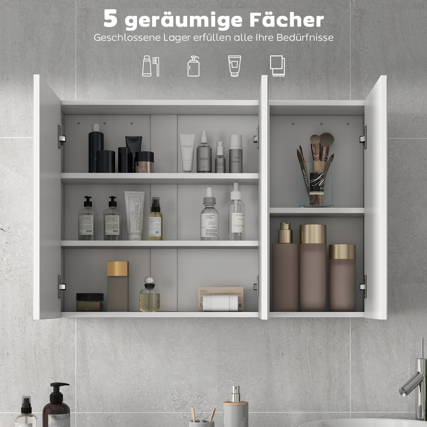 Bathroom Mirror Cabinet, 3 Doors, Wall-Mounted, White, 90x15.5x60 cm