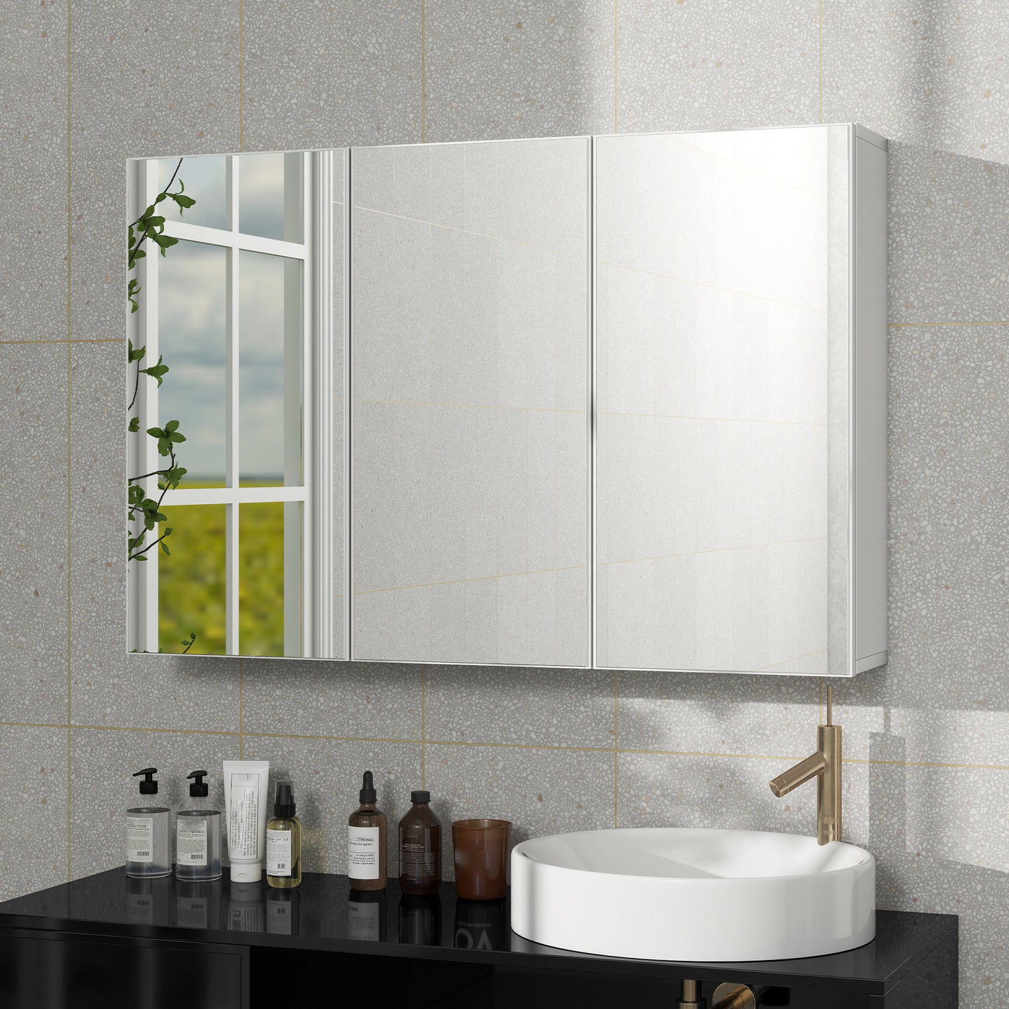 Bathroom Mirror Cabinet, 3 Doors, Wall-Mounted, White, 90x15.5x60 cm