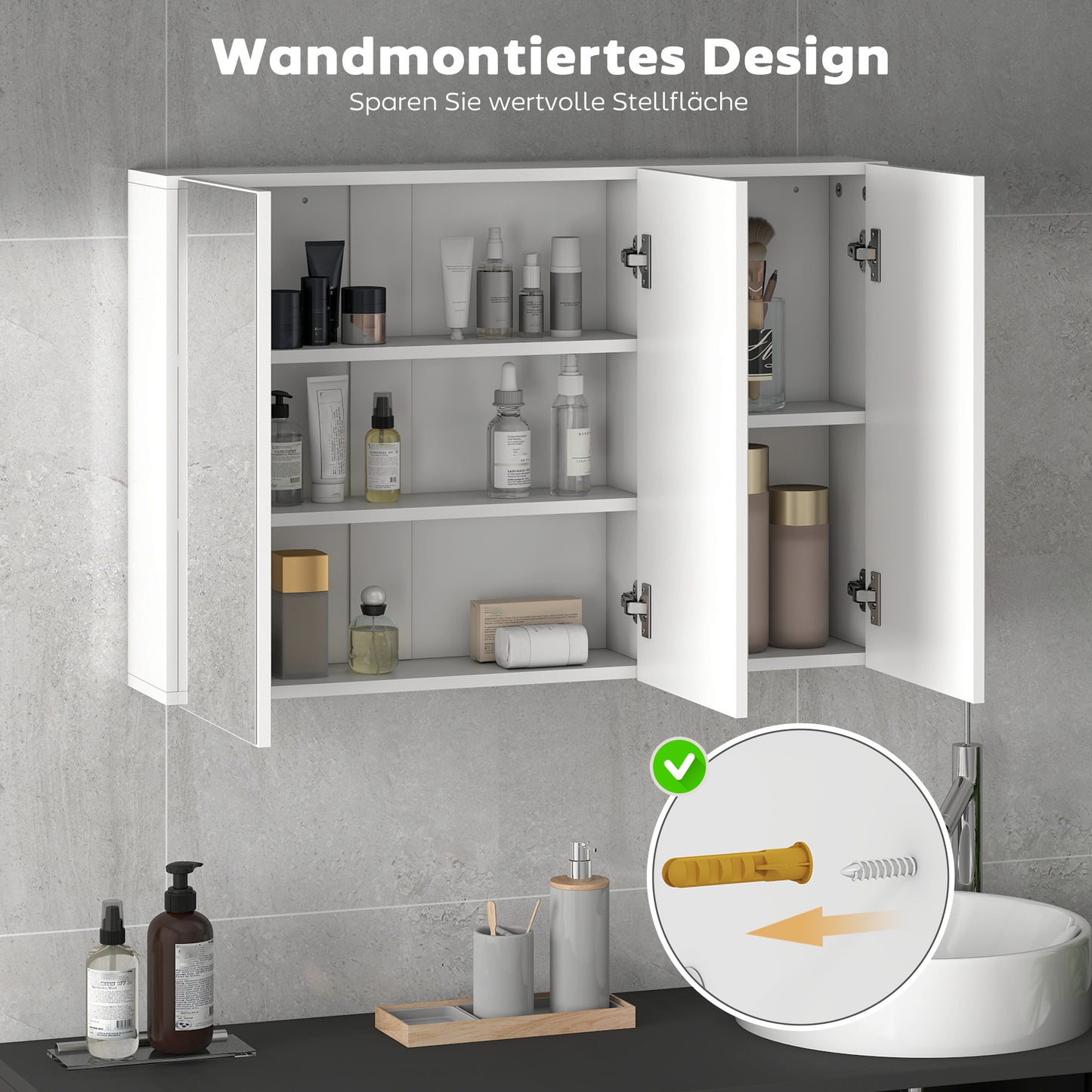 Bathroom Mirror Cabinet, 3 Doors, Wall-Mounted, White, 90x15.5x60 cm