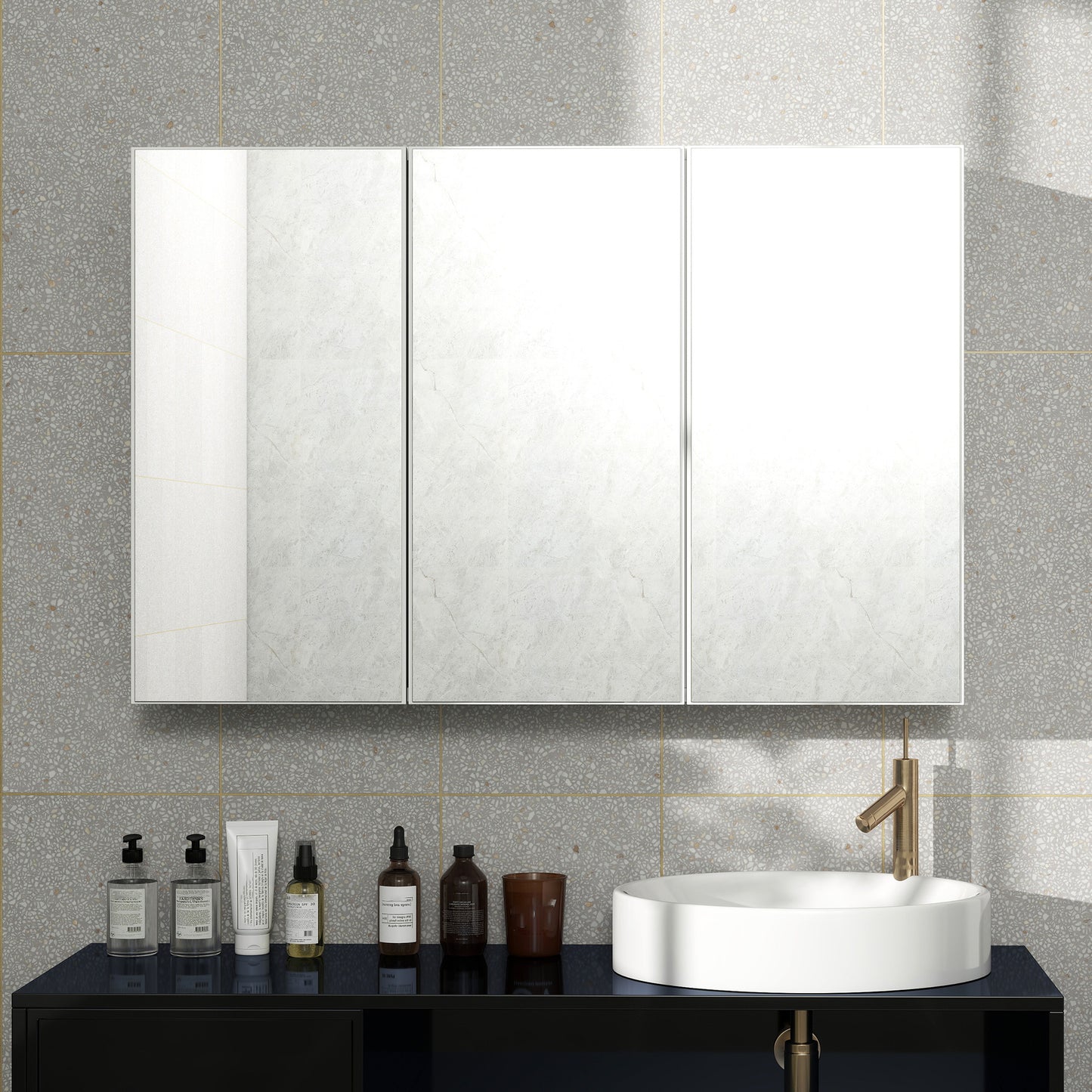 Bathroom Mirror Cabinet, 3 Doors, Wall-Mounted, White, 90x15.5x60 cm