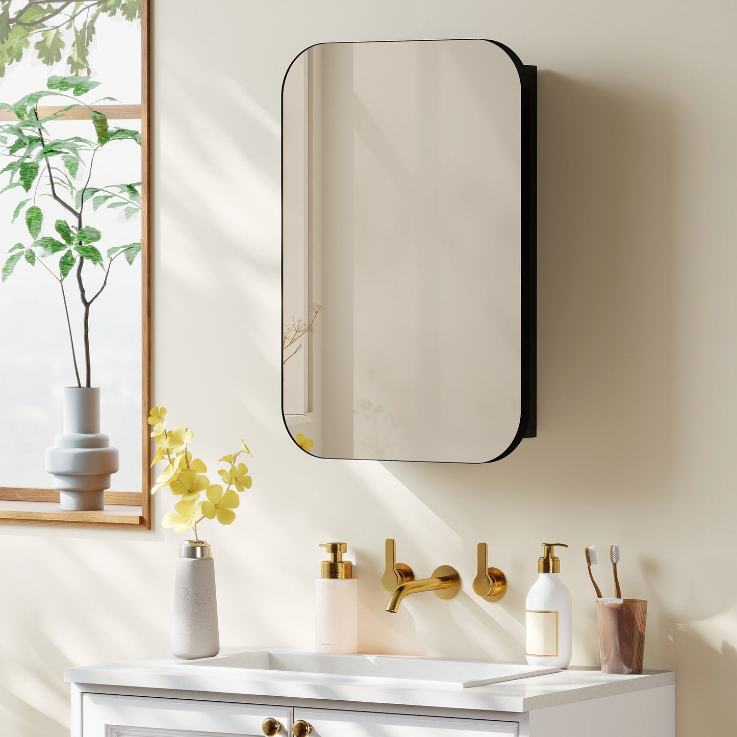 Bathroom Mirror Cabinet, Black, 40 x 10 x 60 cm, Adjustable Shelves