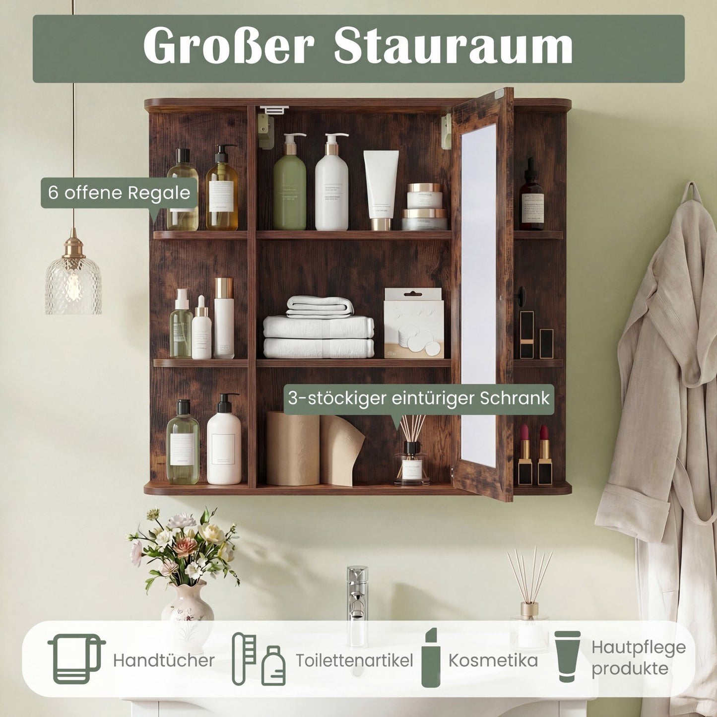 Bathroom Mirror Cabinet with 3 Shelves & 6 Open Compartments