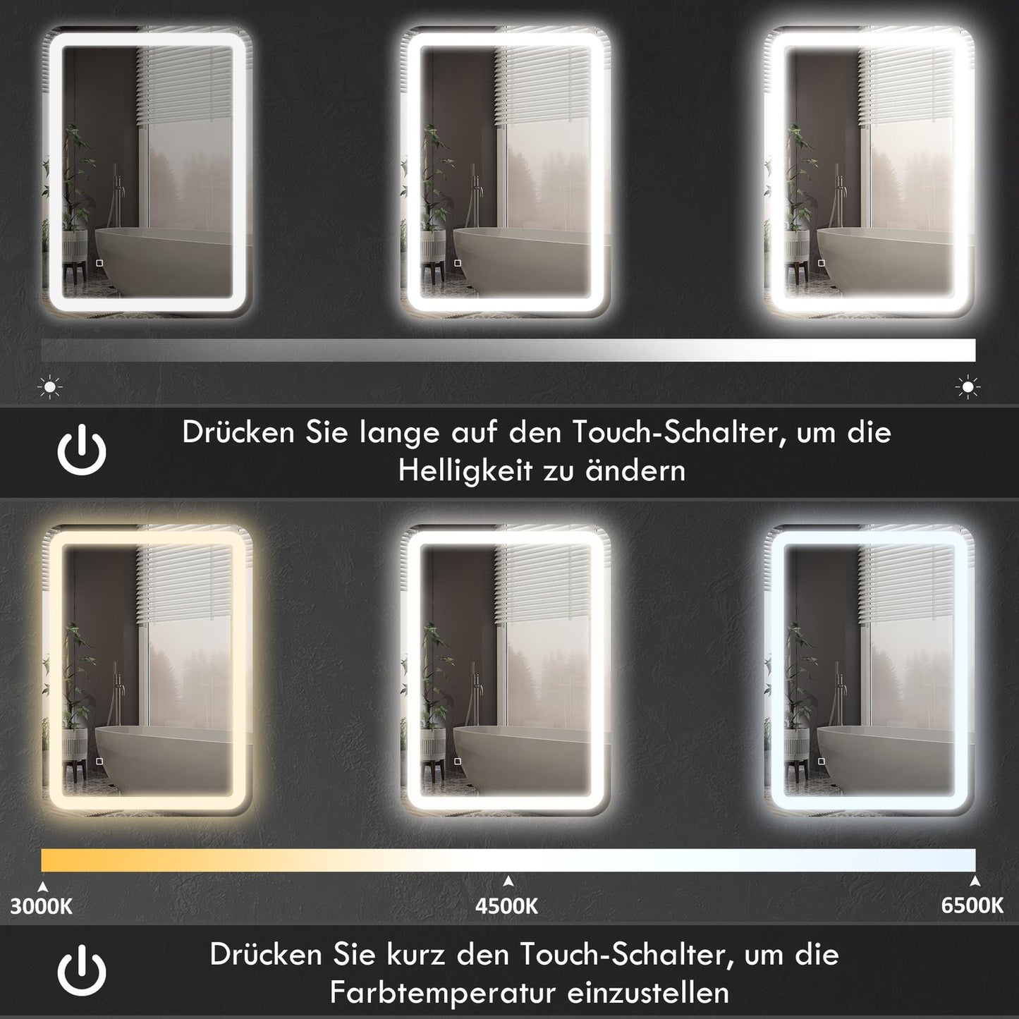 Bathroom Mirror, LED, Anti-Fog, Touch Control, 60x80 cm