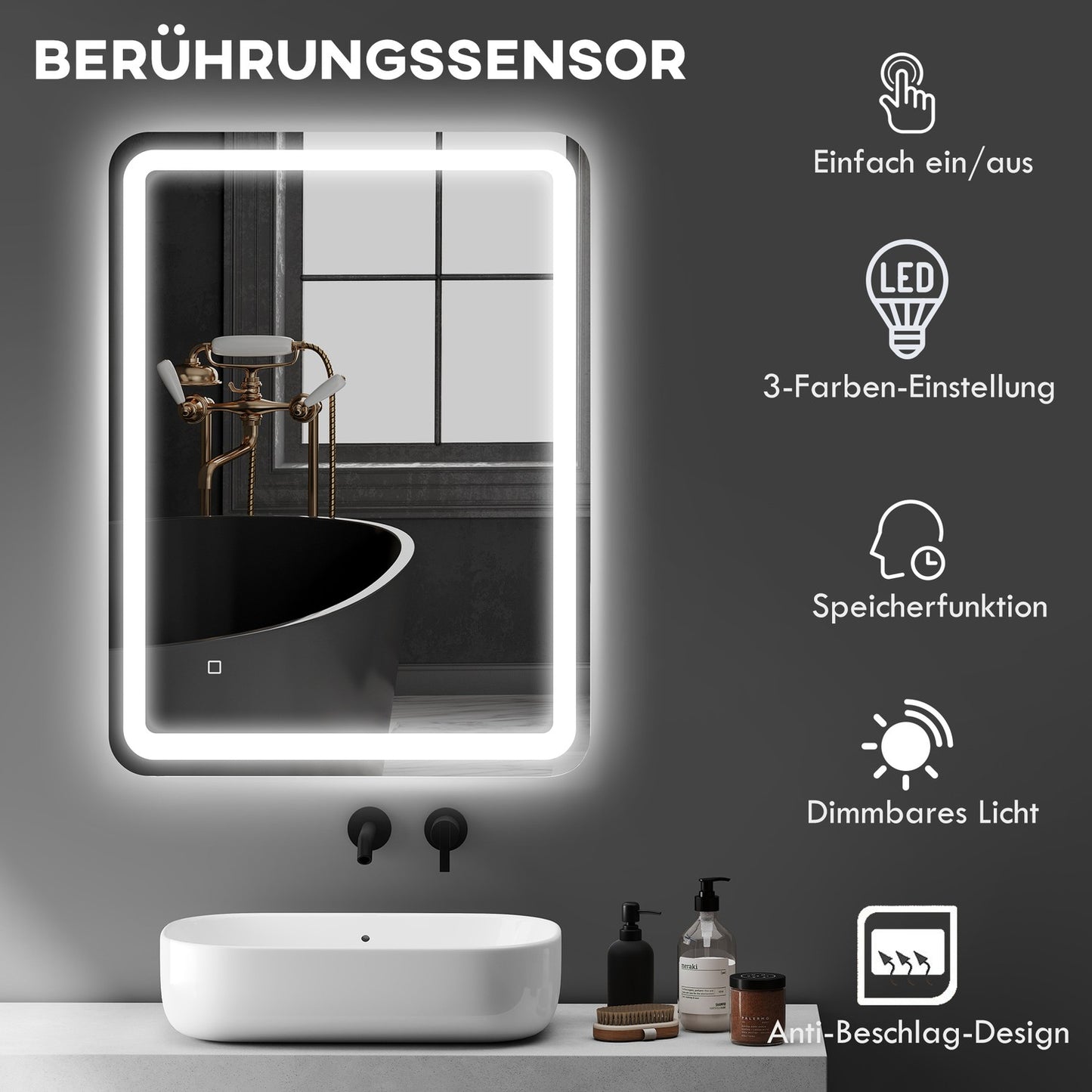 Bathroom Mirror, LED, Anti-Fog, Touch Control, 60x80 cm