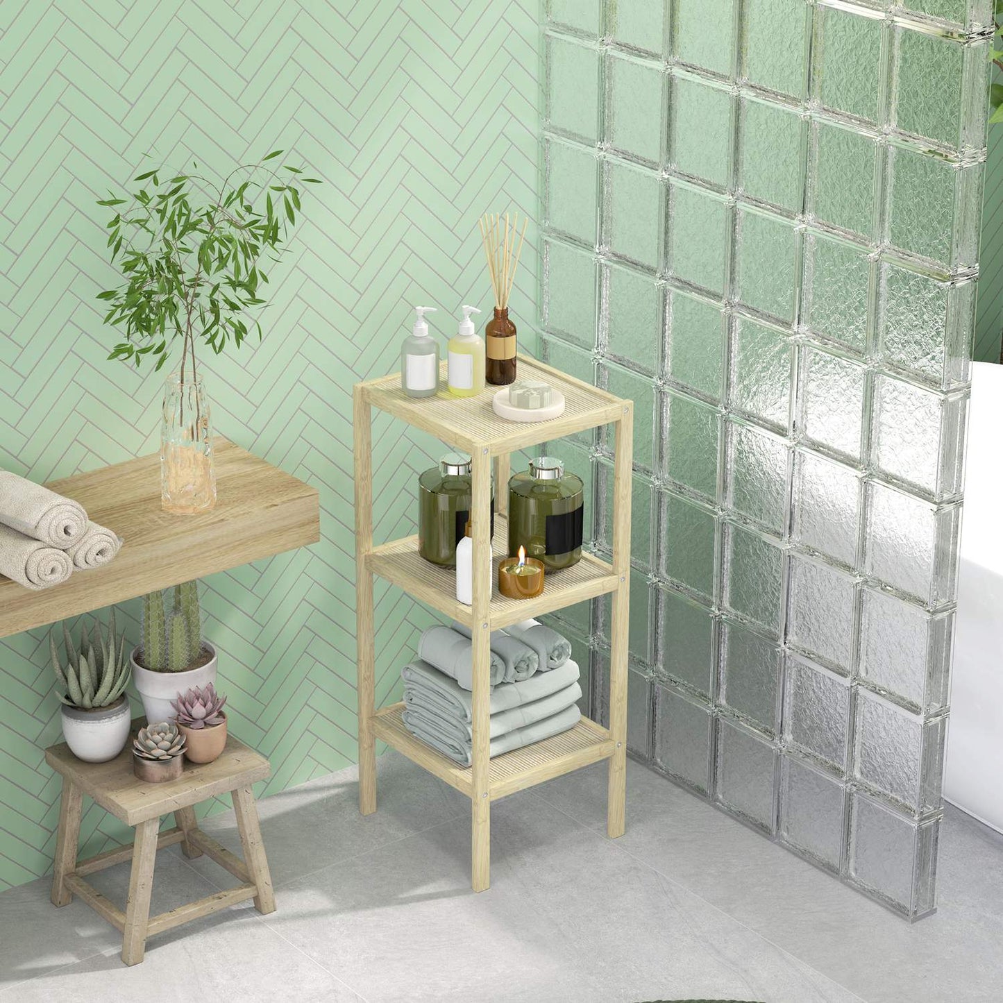 Bamboo 3-tier bathroom shelf - natural wood, 33x31x78 cm