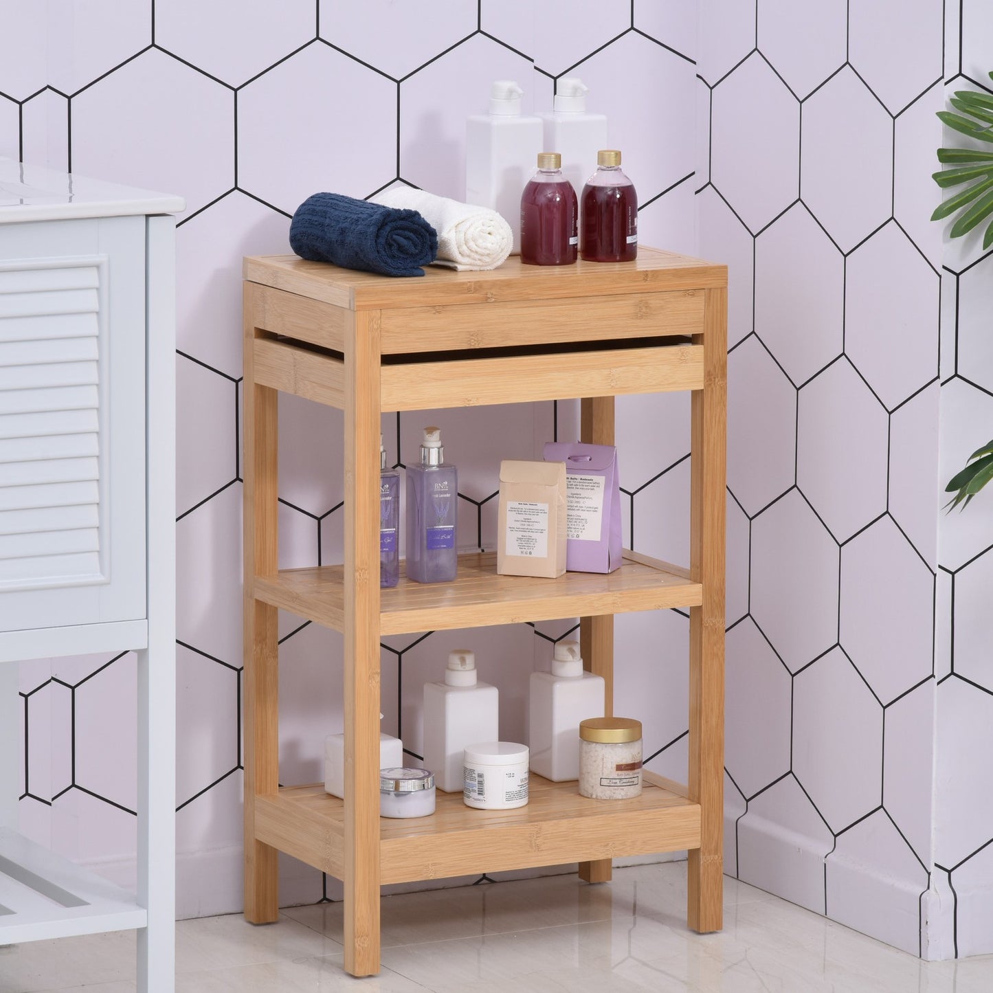 Bamboo bathroom shelf, hinged lid, natural finish, 46x29.5x76.5 cm