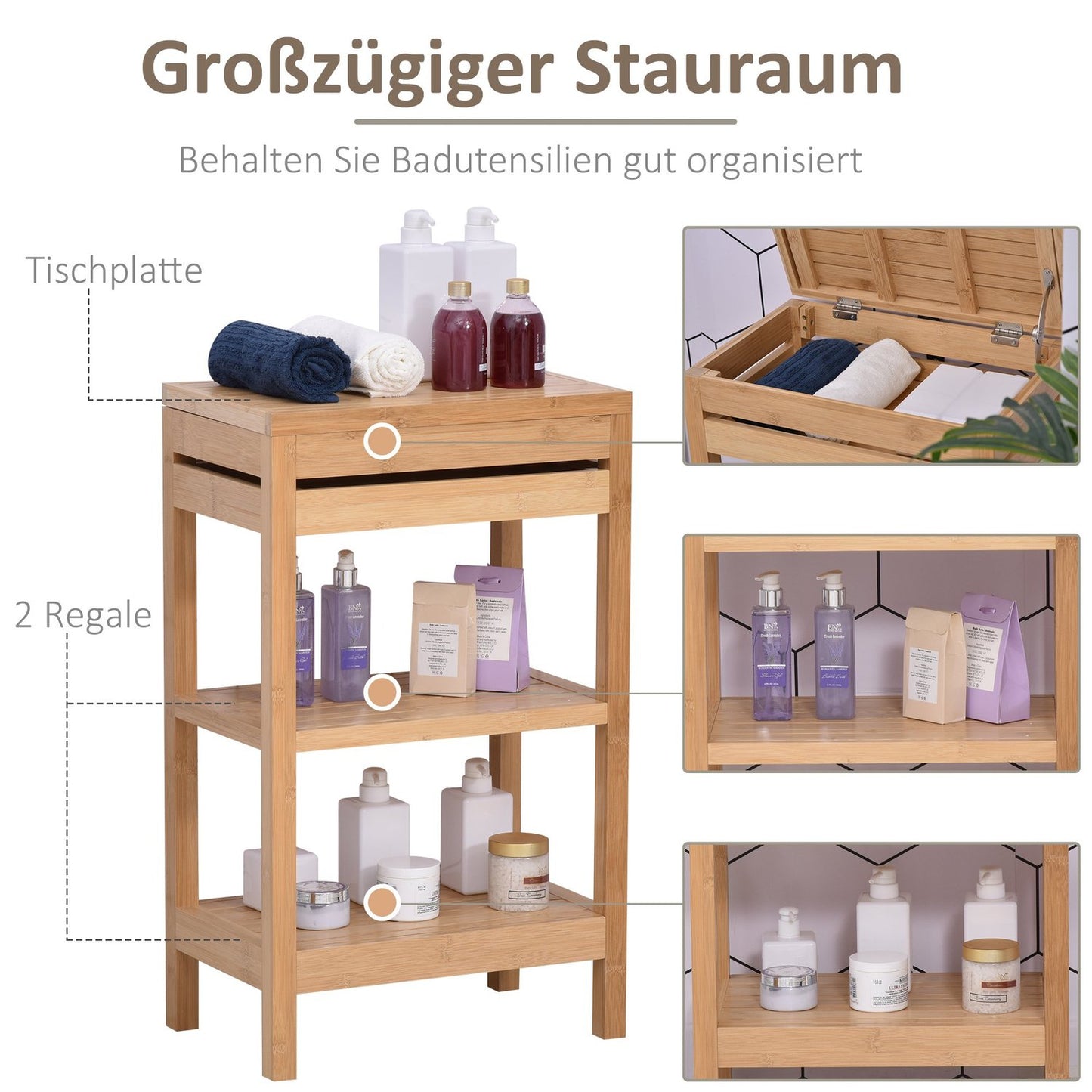 Bamboo bathroom shelf, hinged lid, natural finish, 46x29.5x76.5 cm