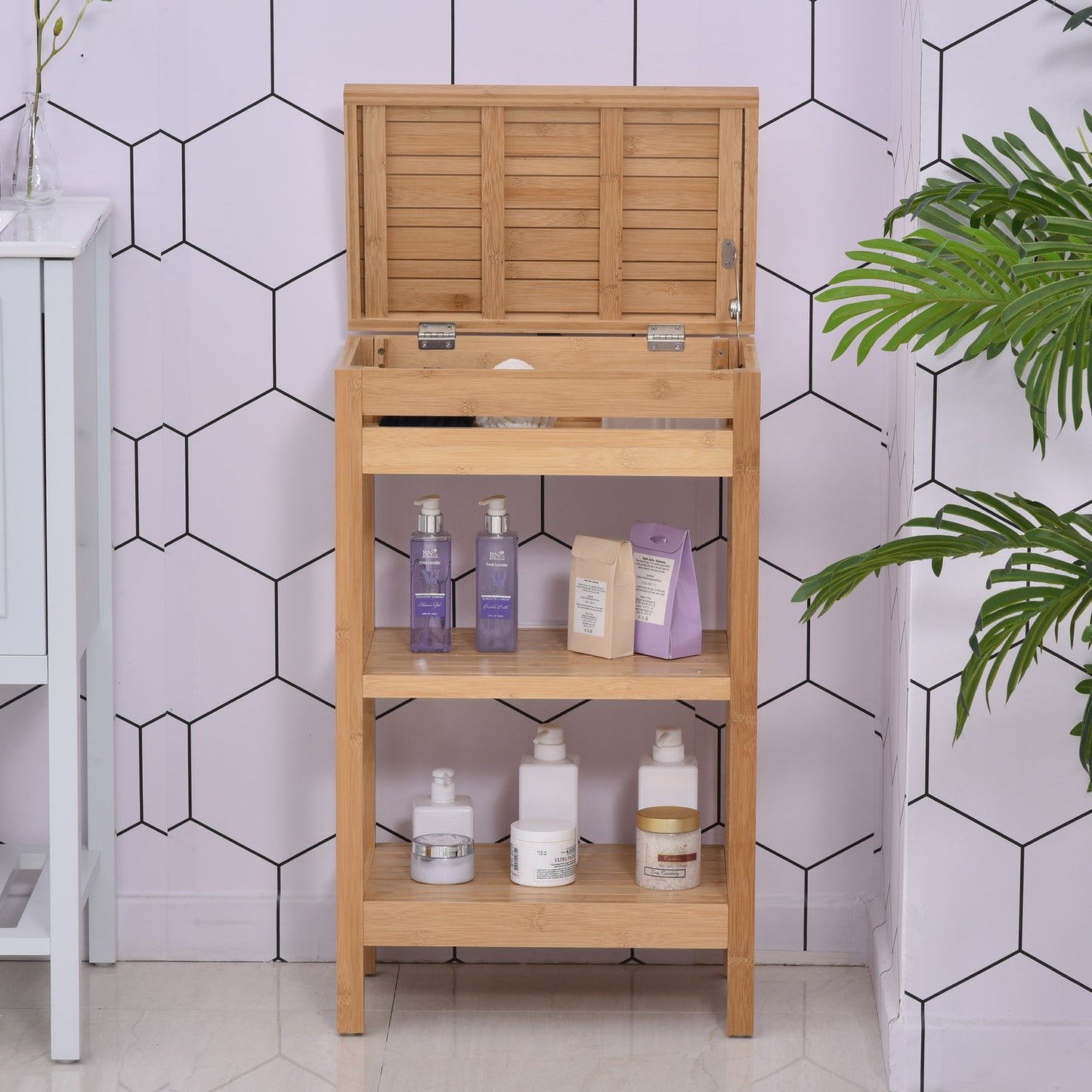 Bamboo bathroom shelf, hinged lid, natural finish, 46x29.5x76.5 cm