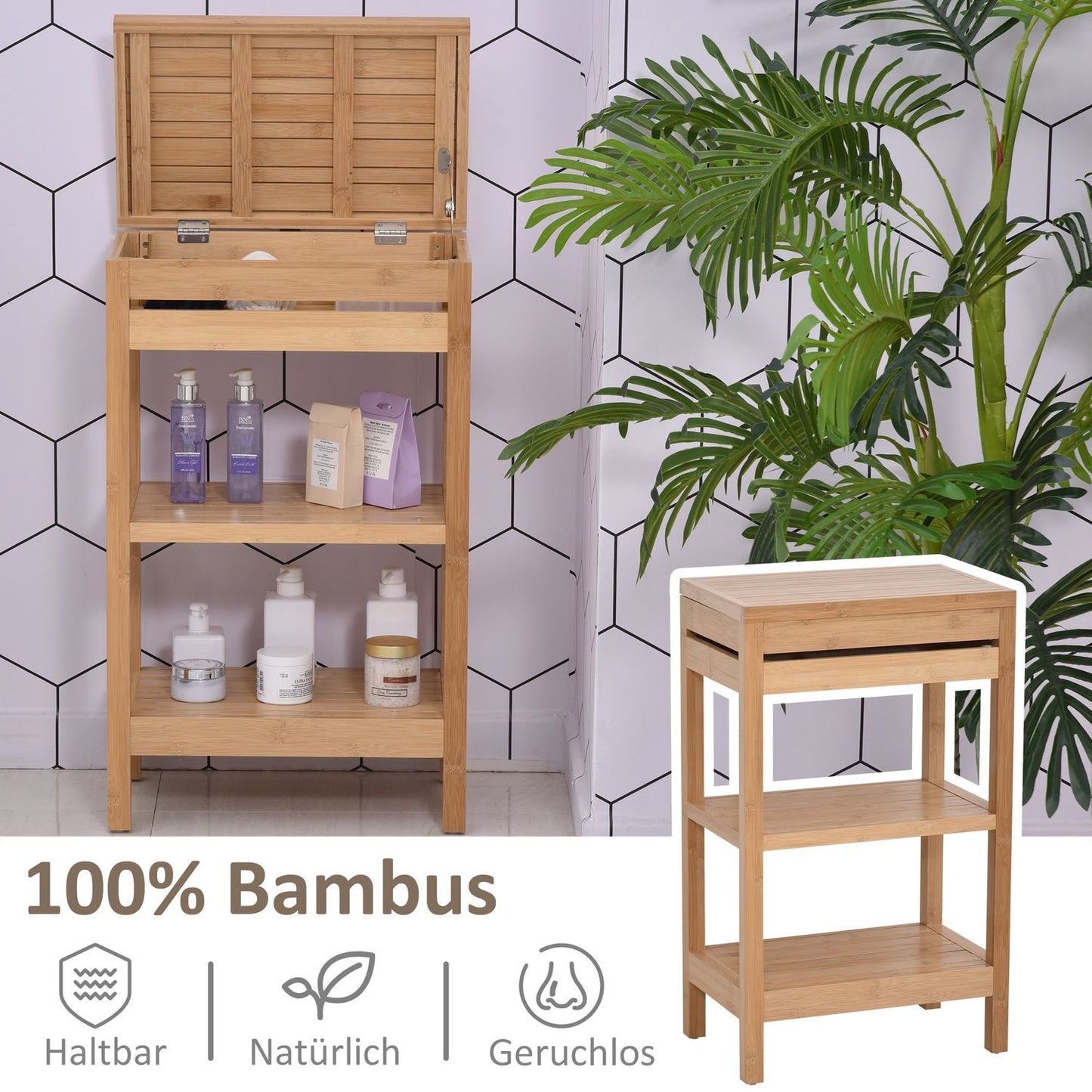 Bamboo bathroom shelf, hinged lid, natural finish, 46x29.5x76.5 cm