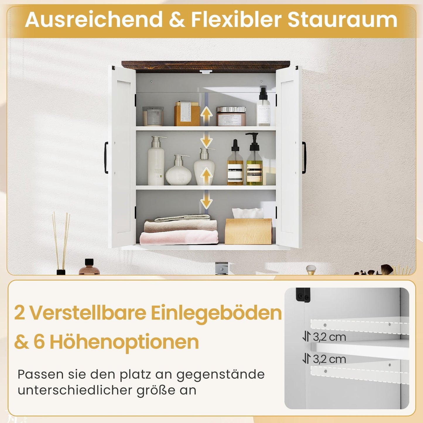 Bathroom Wall Cabinet, 2 Doors, Adjustable Shelves, White