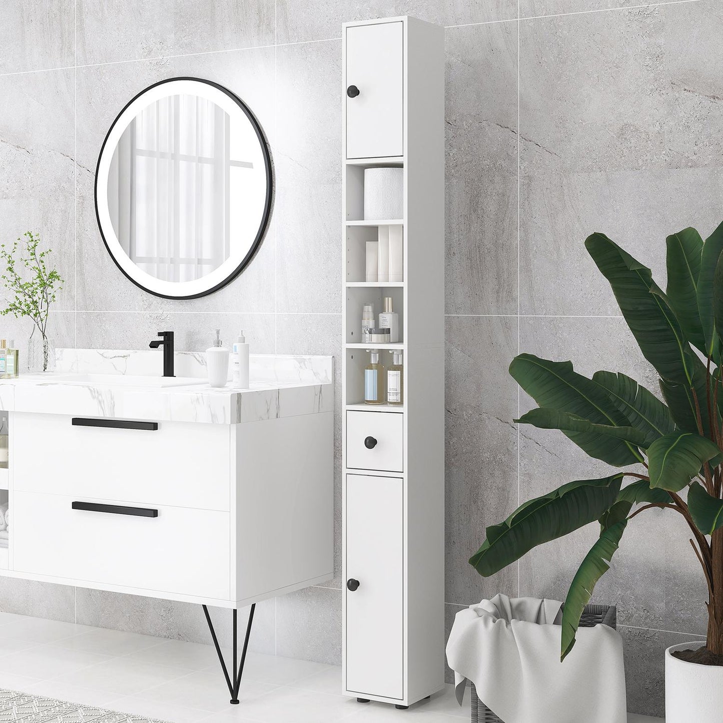 Bathroom cabinet, 4 shelves, drawer, chipboard, slim design, white