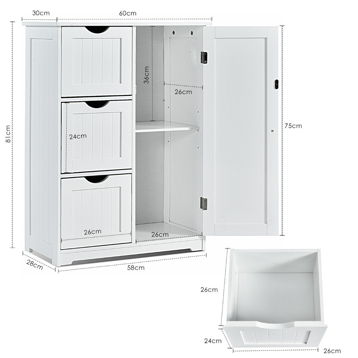 Bathroom cabinet storage cabinet with 3 drawers 60 x 30 x 81 cm white