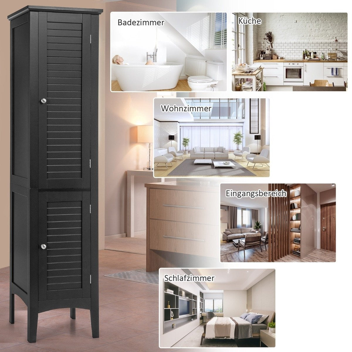 Bathroom cabinet with 5 compartments & 2 louvre doors & shelves & anti-tilt device Narrow tall cabinet Black