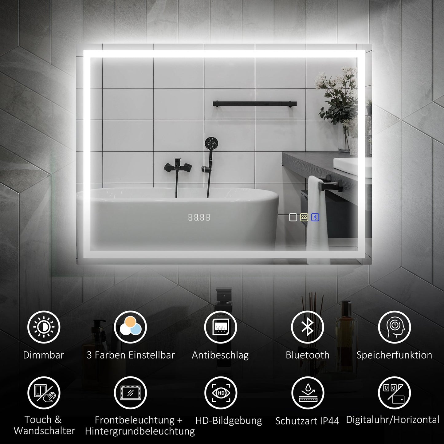 Bathroom mirror with LED lighting, anti-fog pad, 3 adjustable colors, clock, 600 x 800 mm, silver