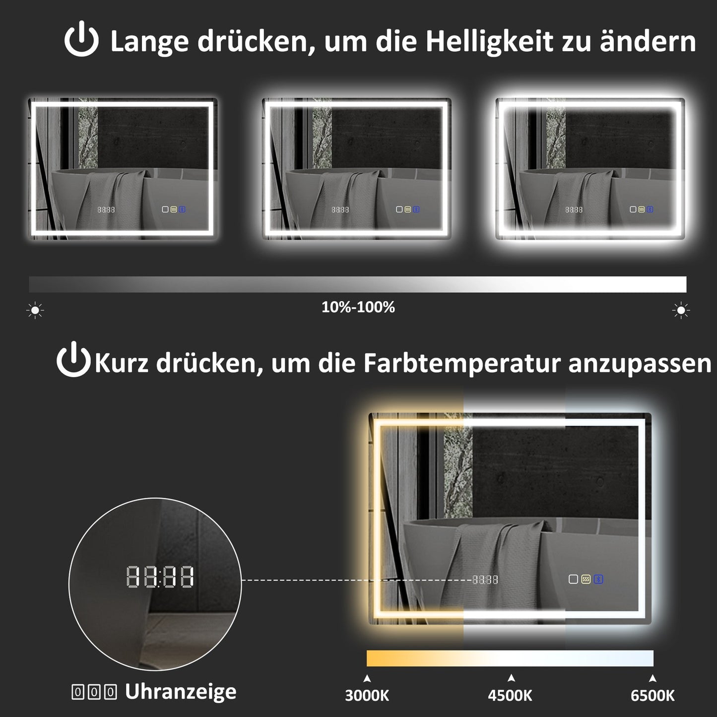 Bathroom mirror with LED lighting, anti-fog pad, 3 adjustable colors, clock, 600 x 800 mm, silver