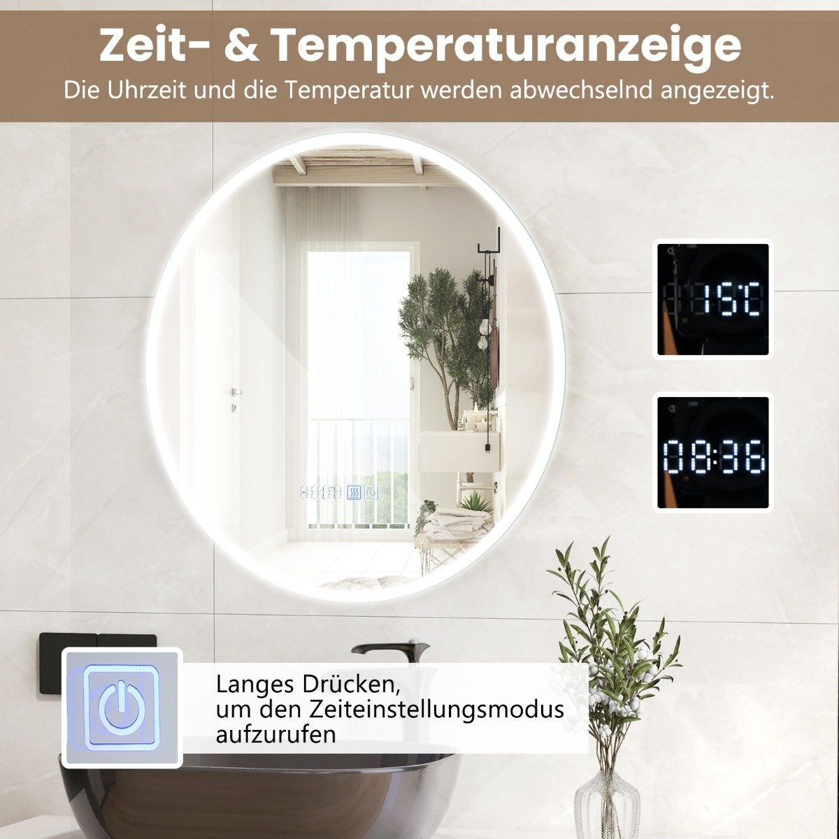 Bathroom mirror with anti-fog clock touch switch & memory function mirror heating LED mirror dimmable 3000K-6000K 60 x 60 cm