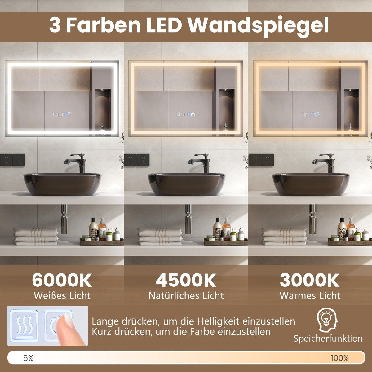 Bathroom mirror with anti-fog clock touch switch & memory function mirror heating LED mirror dimmable 3000K-6000K 75 x 50 cm