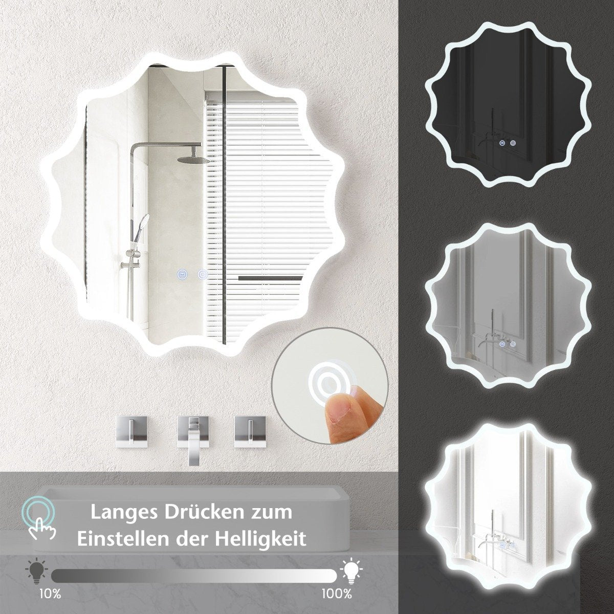 Bathroom mirror with anti-fog mirror heating wave design LED mirror wall mirror 60 x 60 cm
