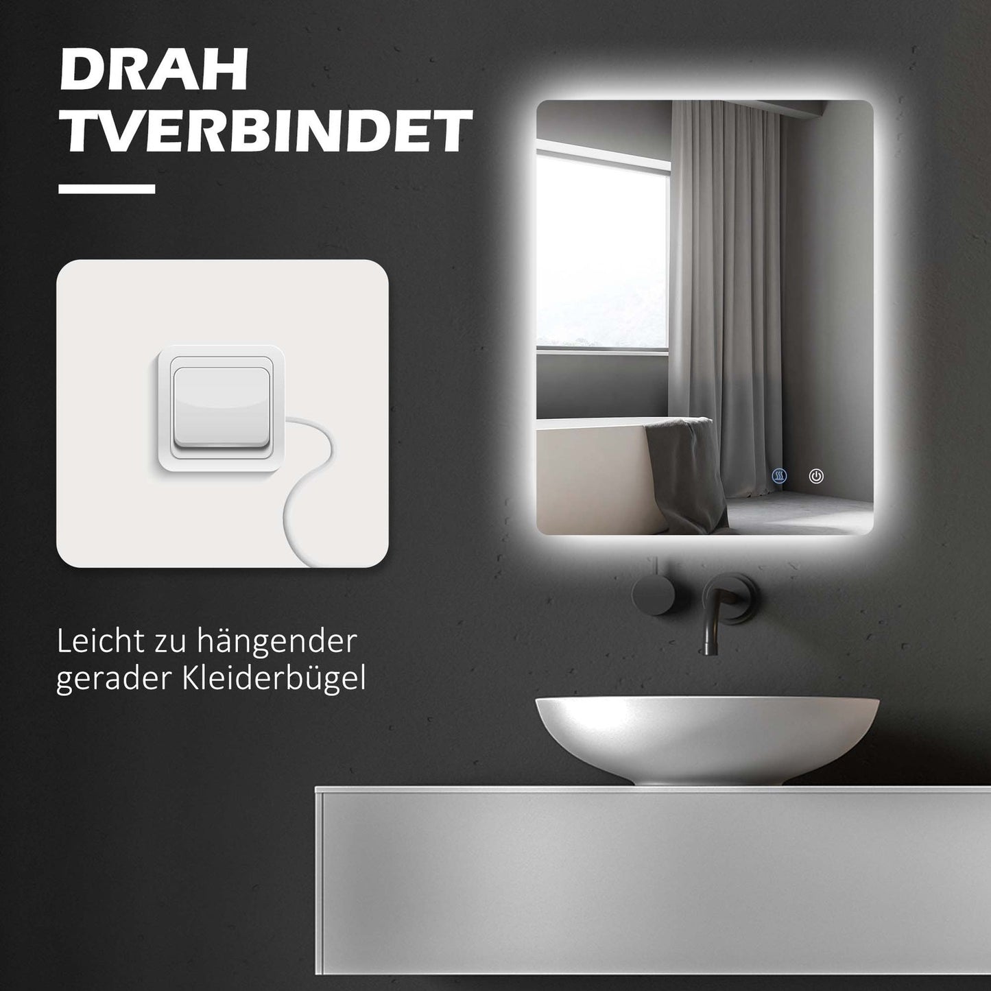 Bathroom mirror with lights, 70x50 cm, Anti-Fog Touch Control