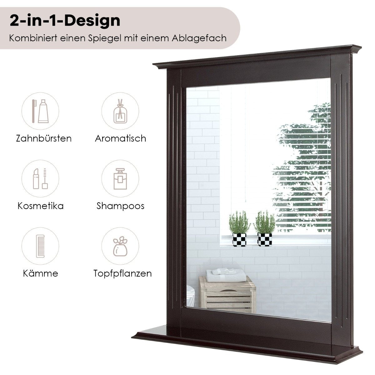 Bathroom mirror with shelf Rectangular bathroom mirror Wall mirror 68.5 x 57 x 12 cm Brown