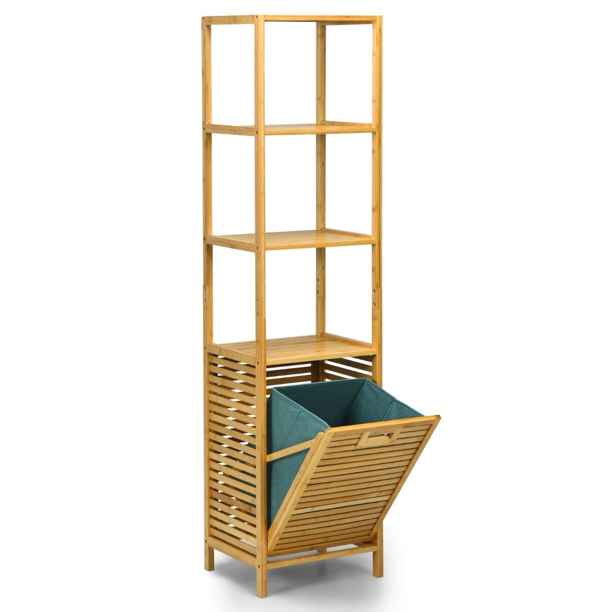 Bathroom tall cabinet with laundry basket made of bamboo with shelves ideal for bathroom 40 x 33 x 160 cm natural