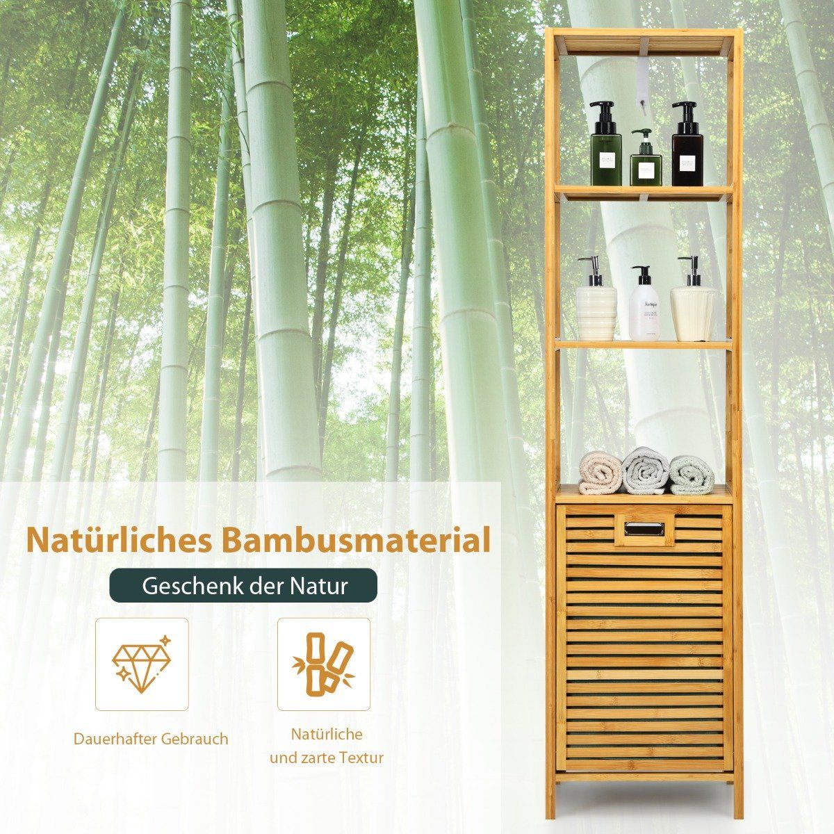 Bathroom tall cabinet with laundry basket made of bamboo with shelves ideal for bathroom 40 x 33 x 160 cm natural
