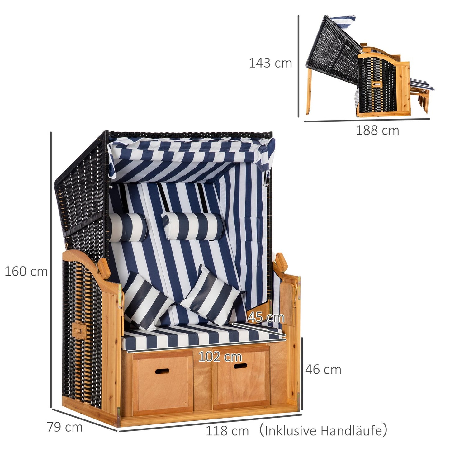 Double sun lounger with roof, cup holder, PE rattan