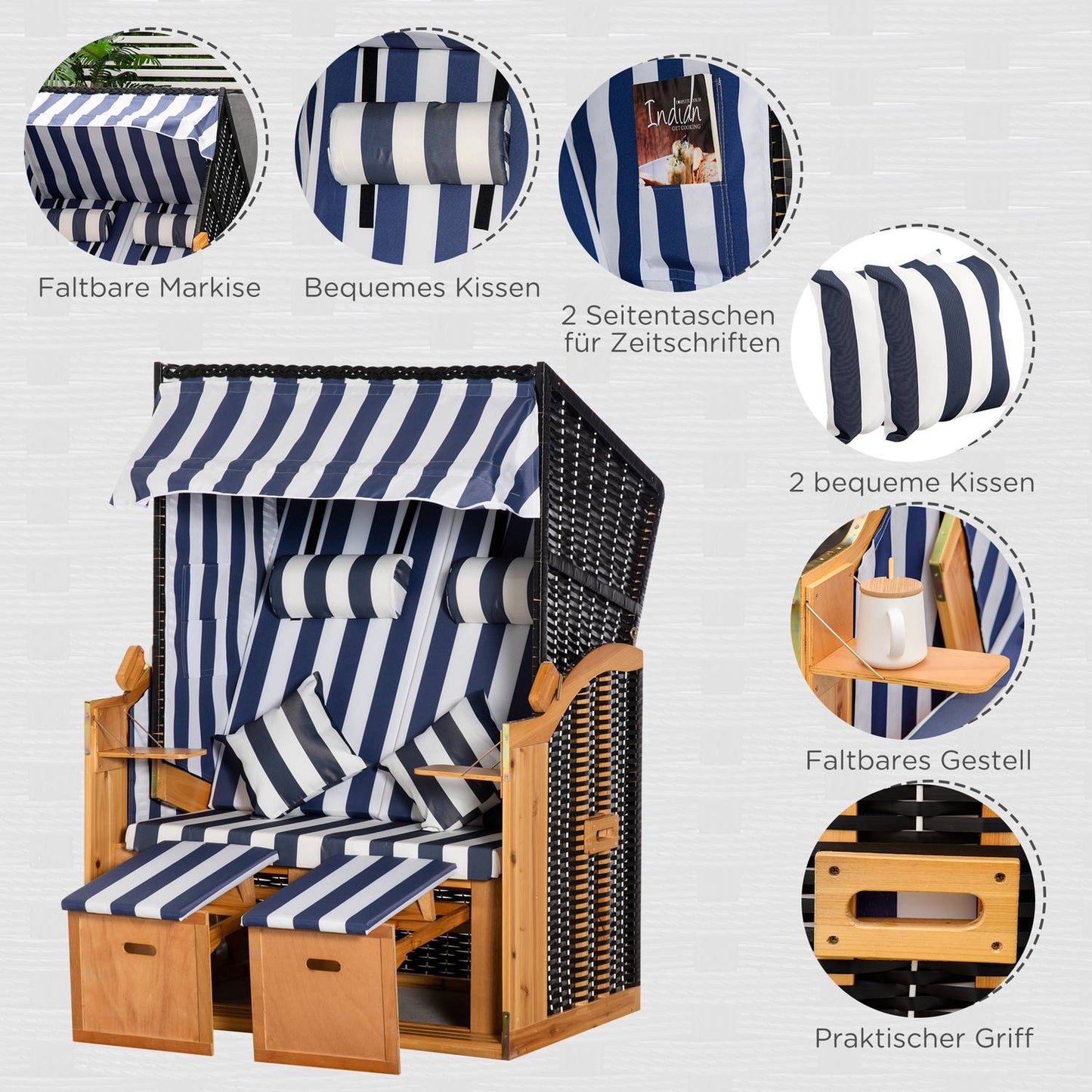 Double sun lounger with roof, cup holder, PE rattan