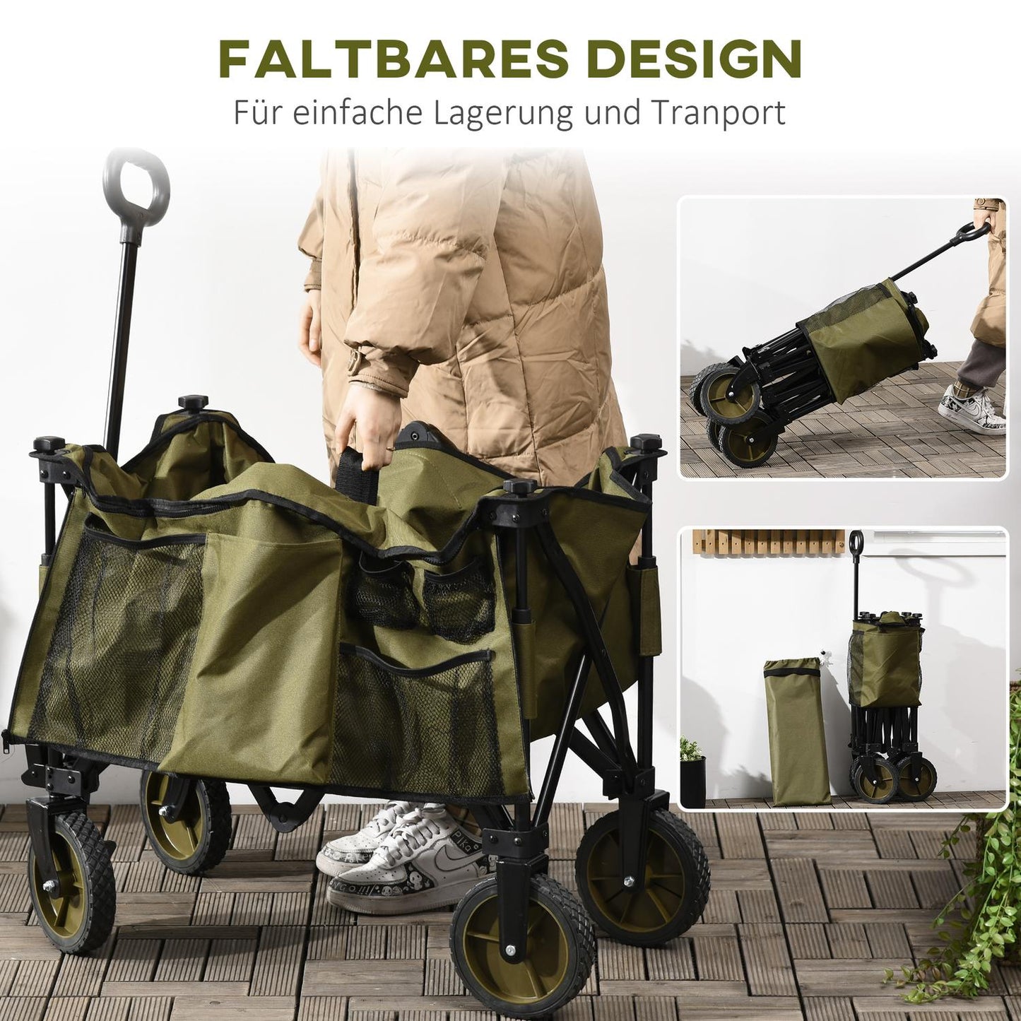 Folding beach cart - adjustable, 4 wheels, removable bags