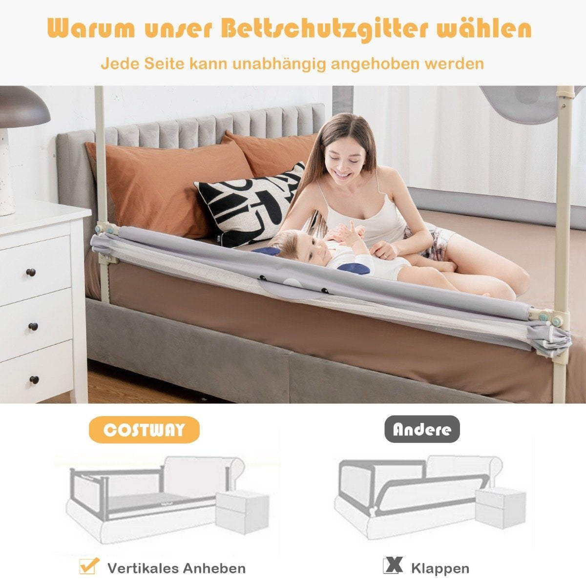 Bed rail folding bed railing for toddlers 145 x 25 x 101.5 cm gray