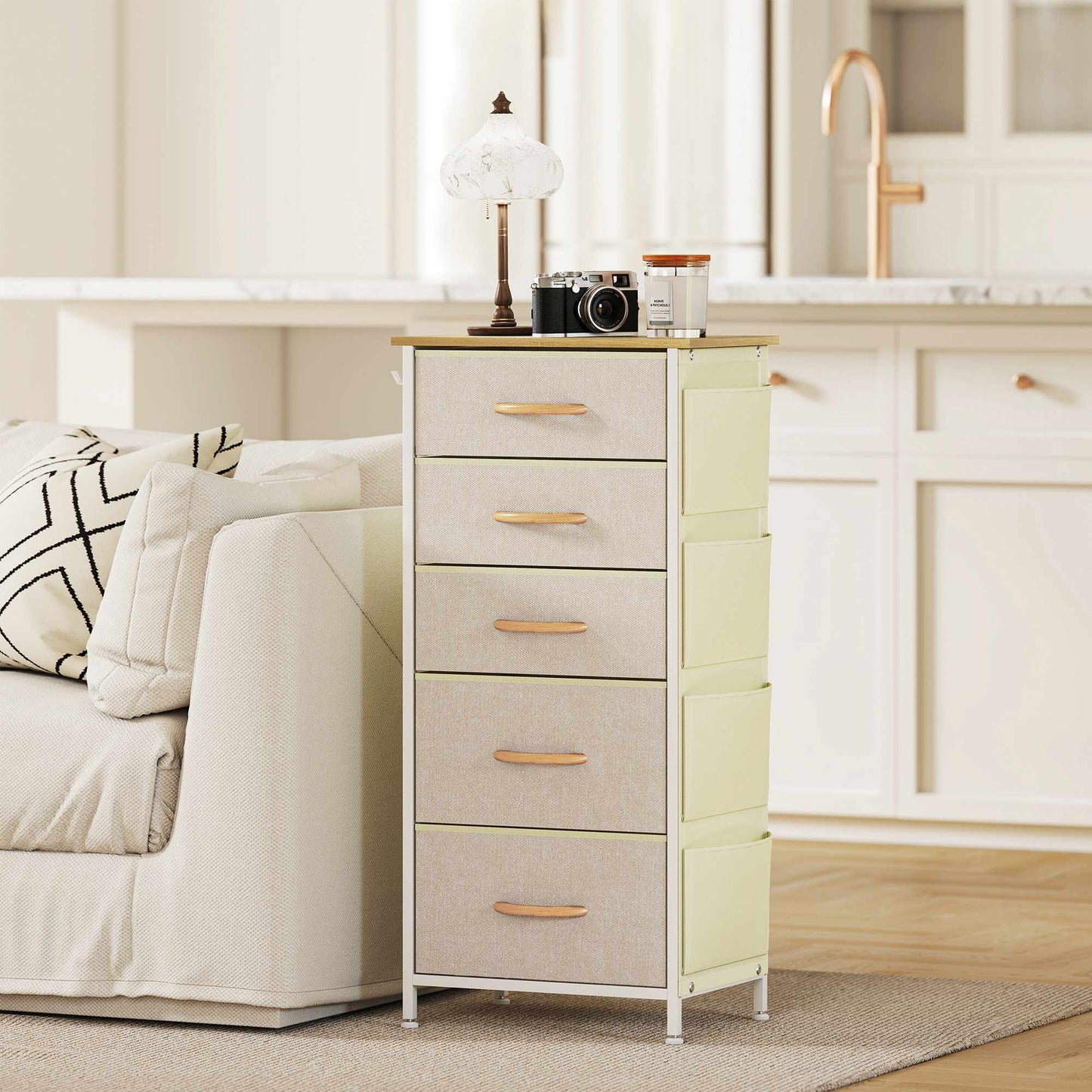 Bedroom Dresser with 5 Fabric Drawers, Steel Frame, Beige