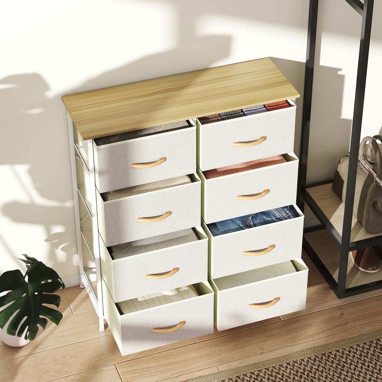 Bedroom Dresser with 8 Fabric Drawers, Steel Frame, Beige