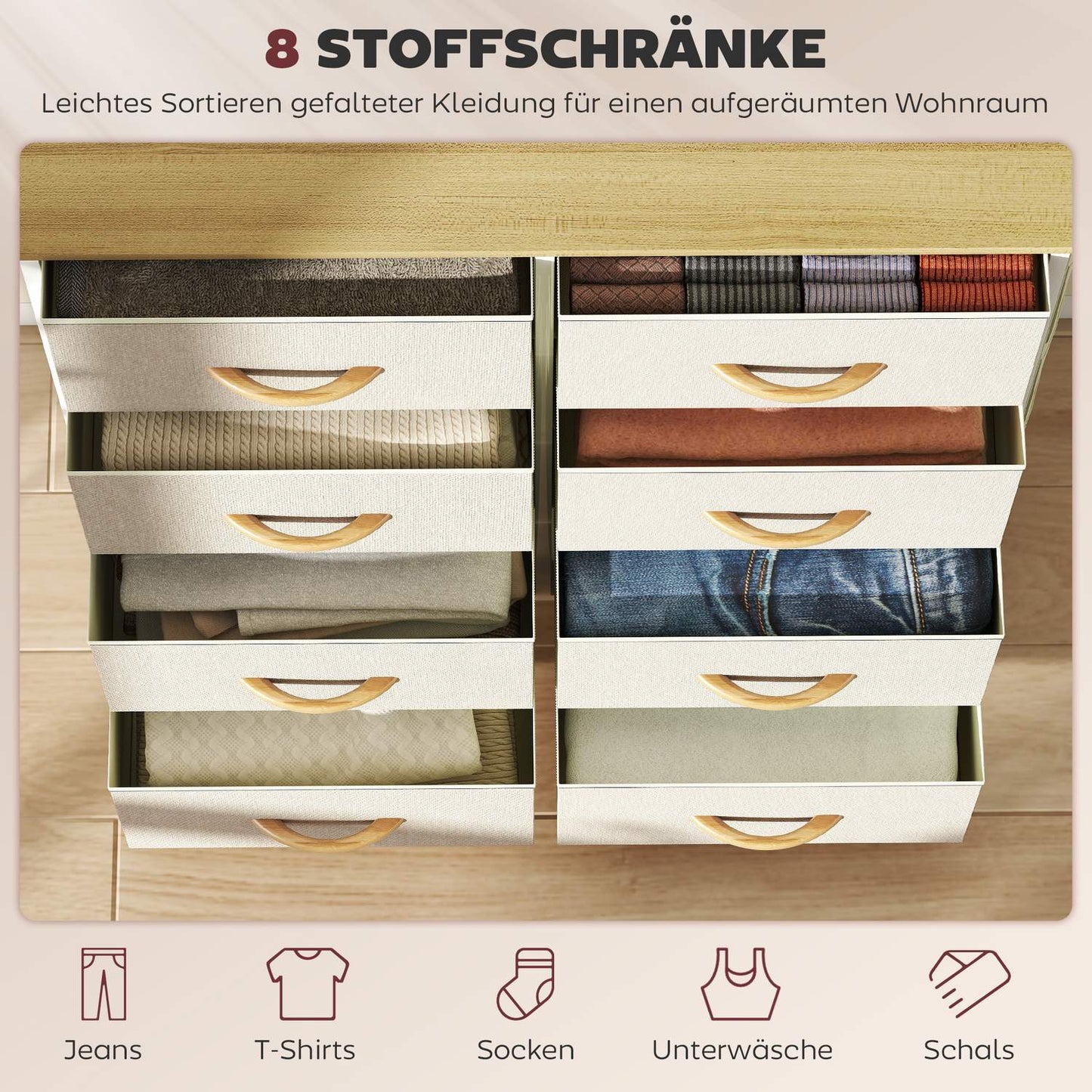 Bedroom Dresser with 8 Fabric Drawers, Steel Frame, Beige
