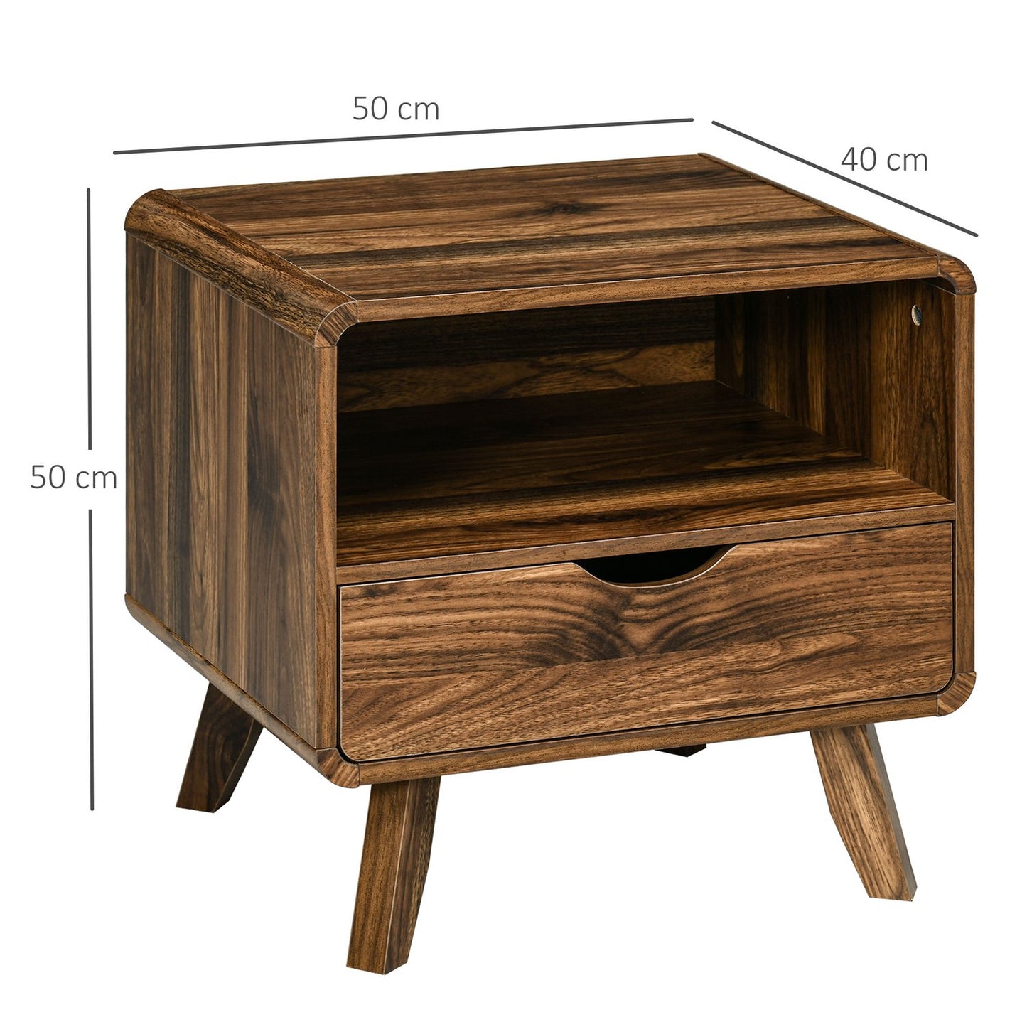 Retro nut brown bedside table, drawer and open shelf