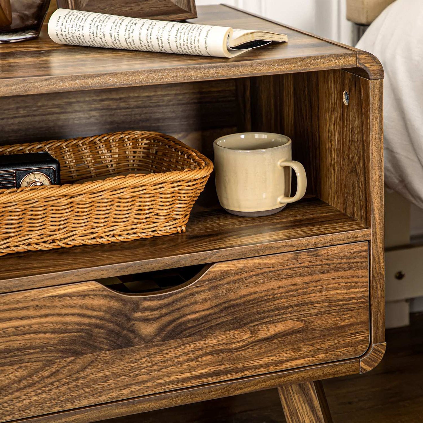 Retro nut brown bedside table, drawer and open shelf