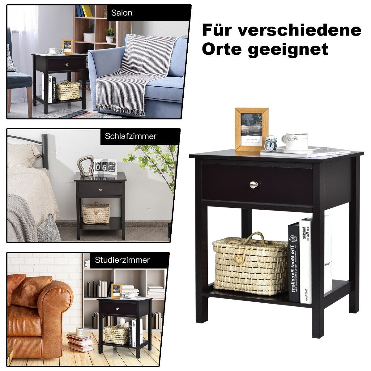 Bedside table 2-tier night dresser modern nightstand with drawer black