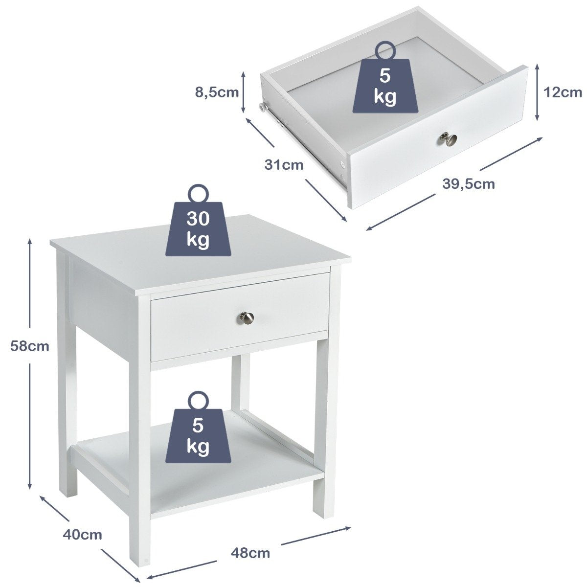 Bedside table 2-tier night dresser modern nightstand with drawer white