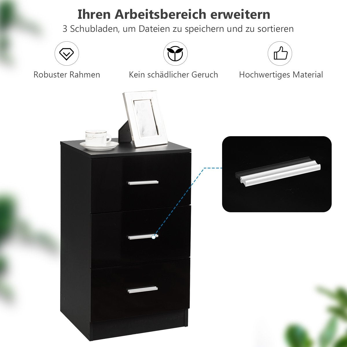 Bedside table filing cabinet with 3 drawers drawer container black
