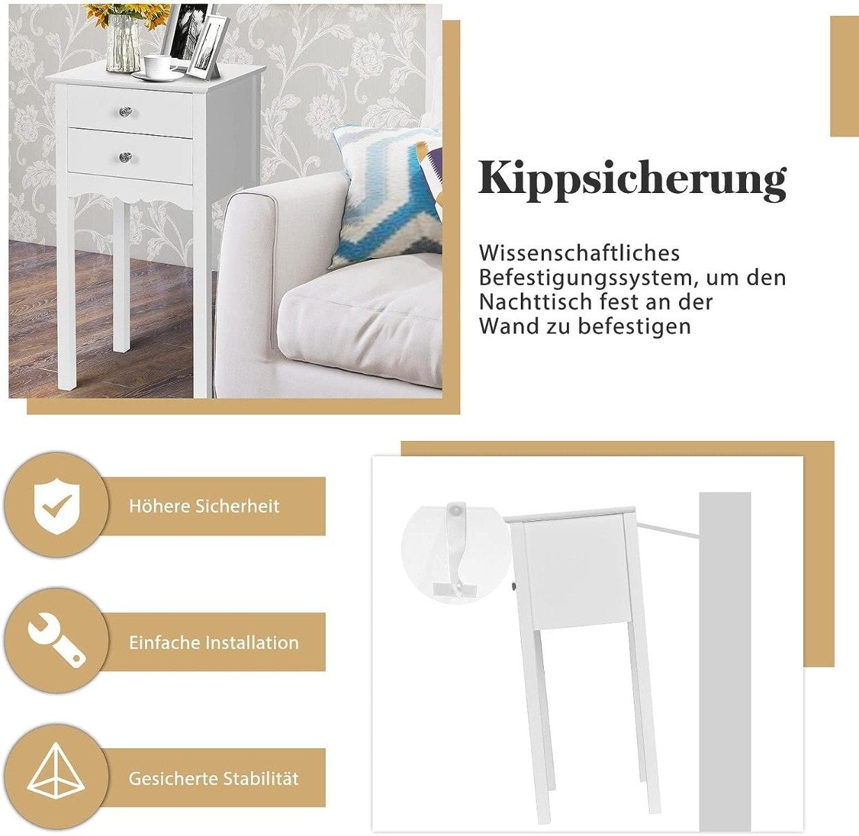 Bedside table with 2 drawers and anti-tilt protection. Modern side table 40 x 32 x 75 cm white