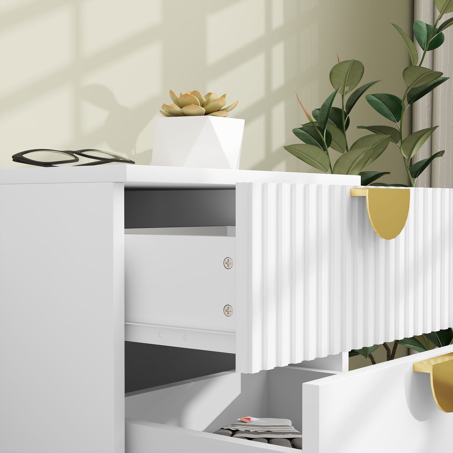 Bedside table with 2 drawers, Gold handle, White 40x40x50cm