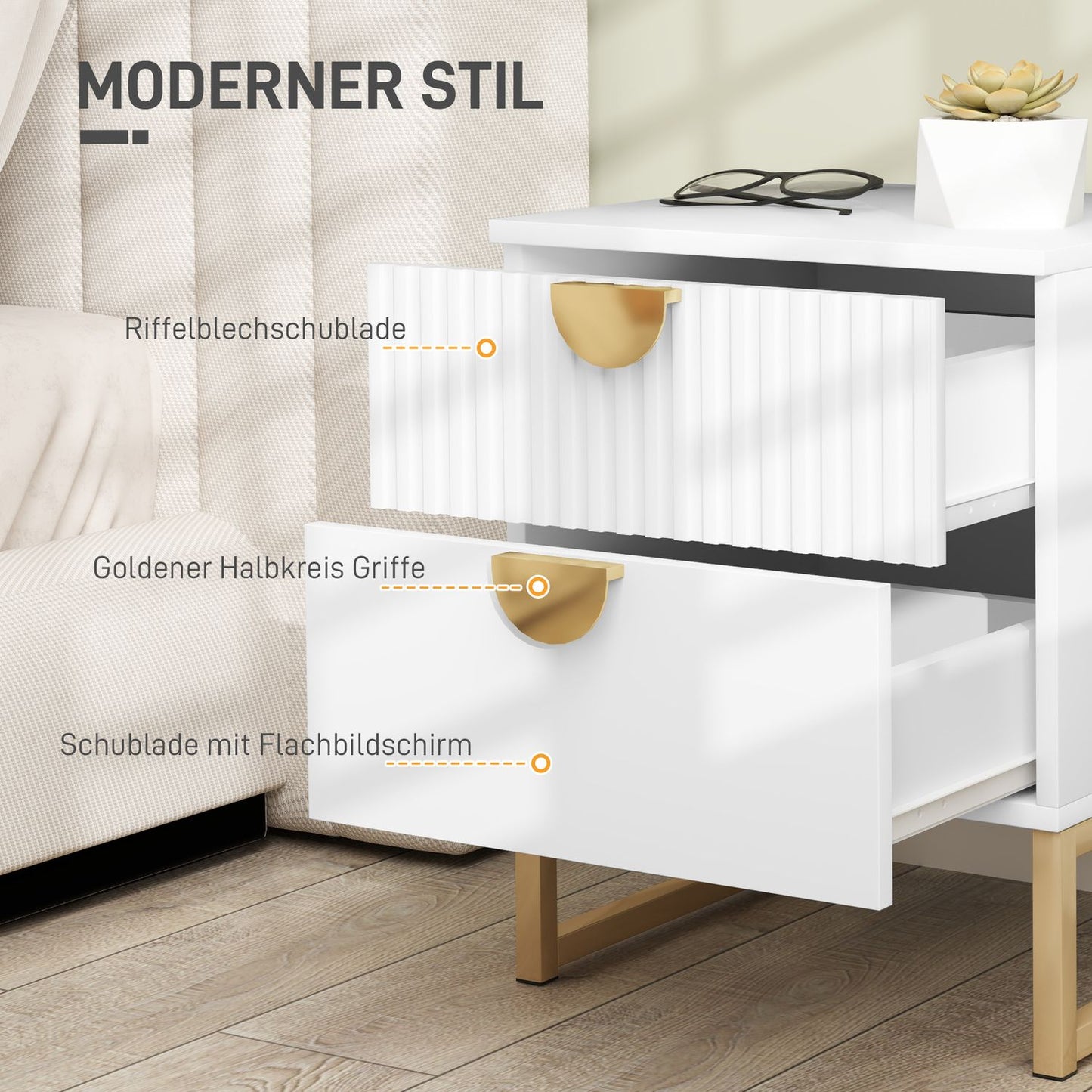 Bedside table with 2 drawers, Gold handle, White 40x40x50cm