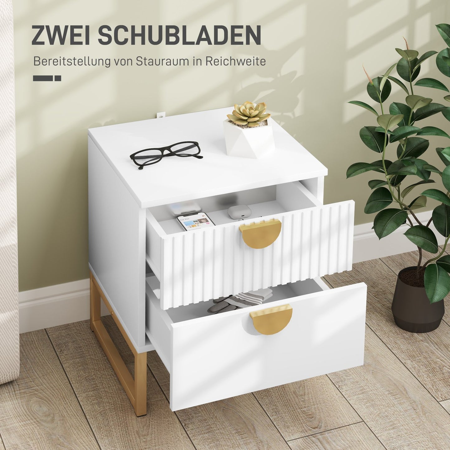 Bedside table with 2 drawers, Gold handle, White 40x40x50cm