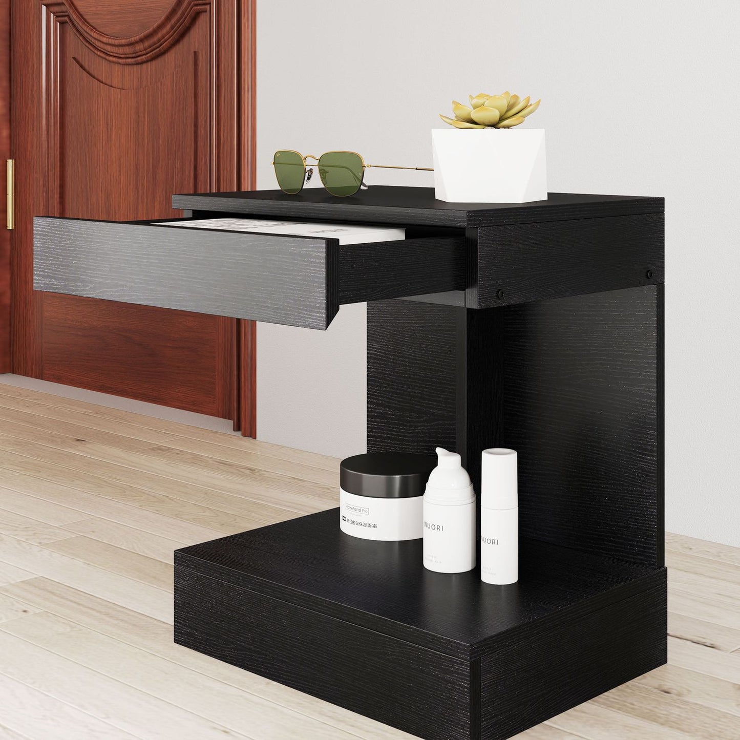 Black bedside table with drawers and shelf, 40x30x46 cm