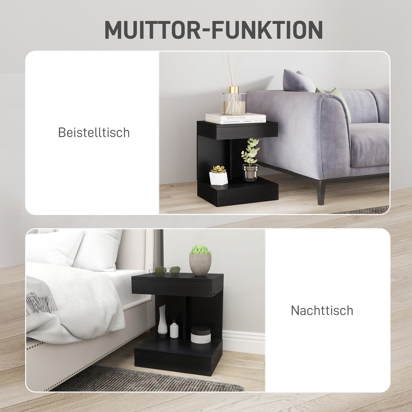 Black bedside table with drawers and shelf, 40x30x46 cm