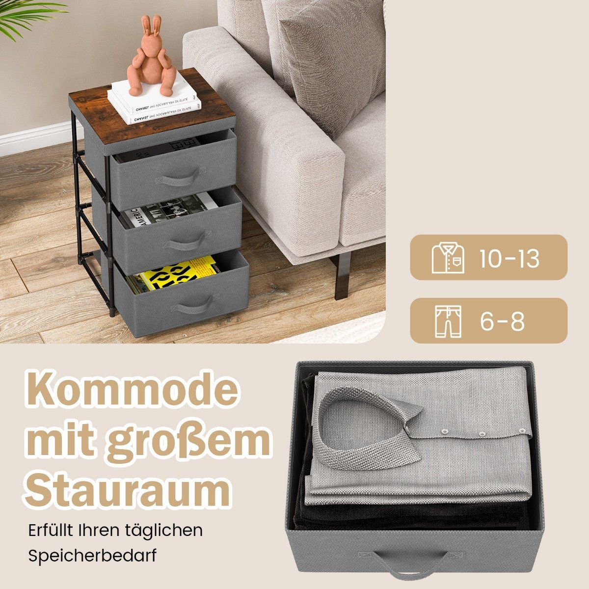 Bedside table with fabric drawers Side table with metal frame Gray 40 x 30 x 62 cm