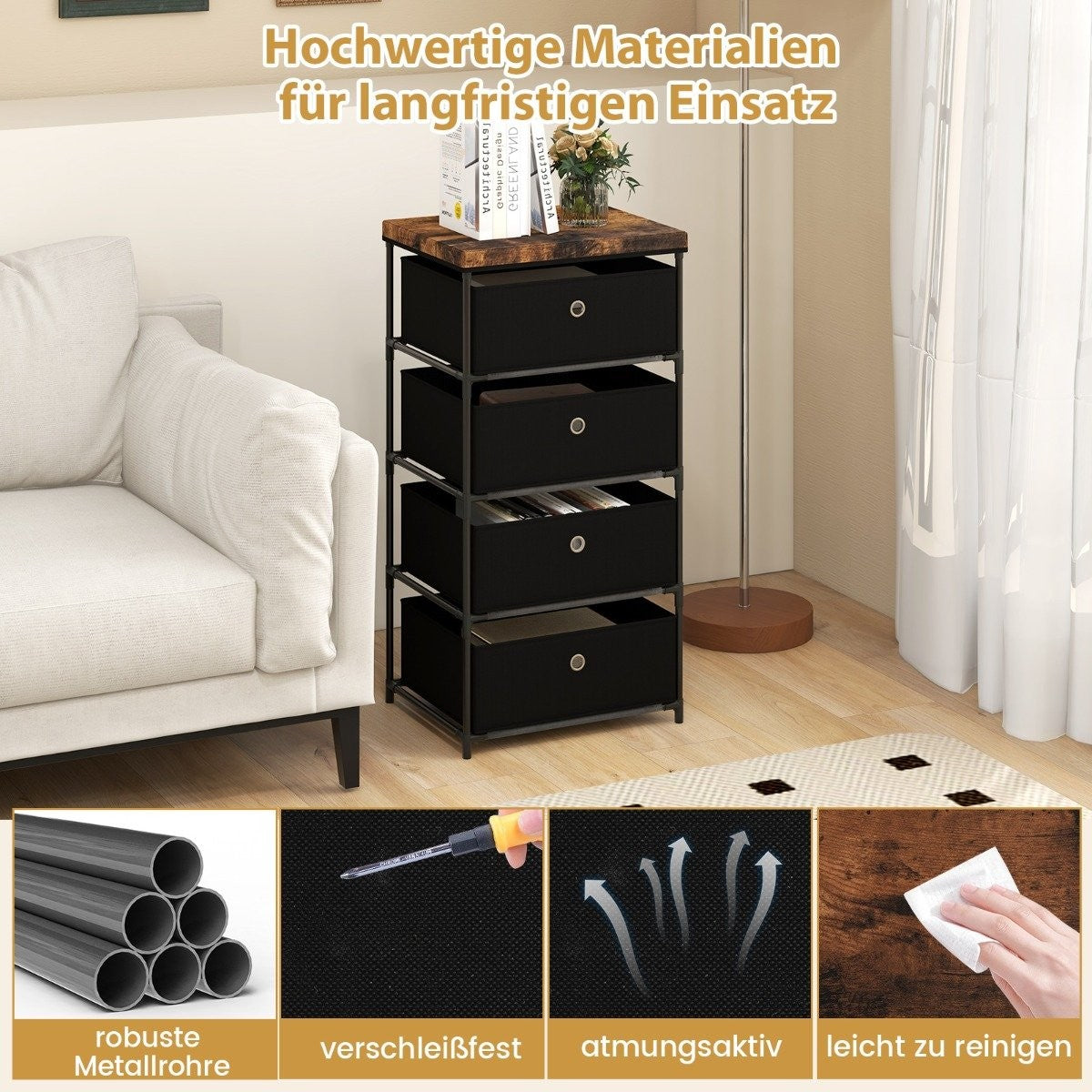 Bedside table with fabric drawers & metal frame side table storage cabinet black