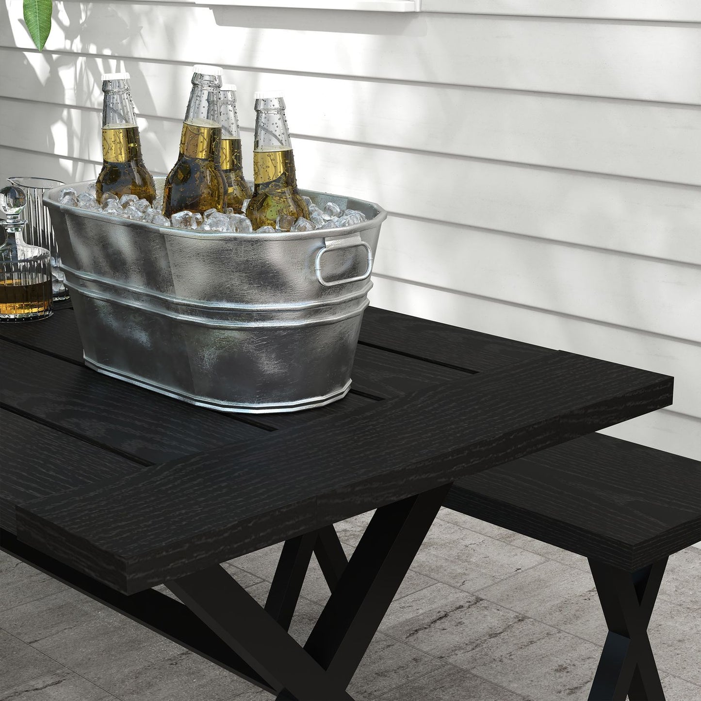Black beer tent set - table, 2 benches, wooden look, 180x80x73 cm