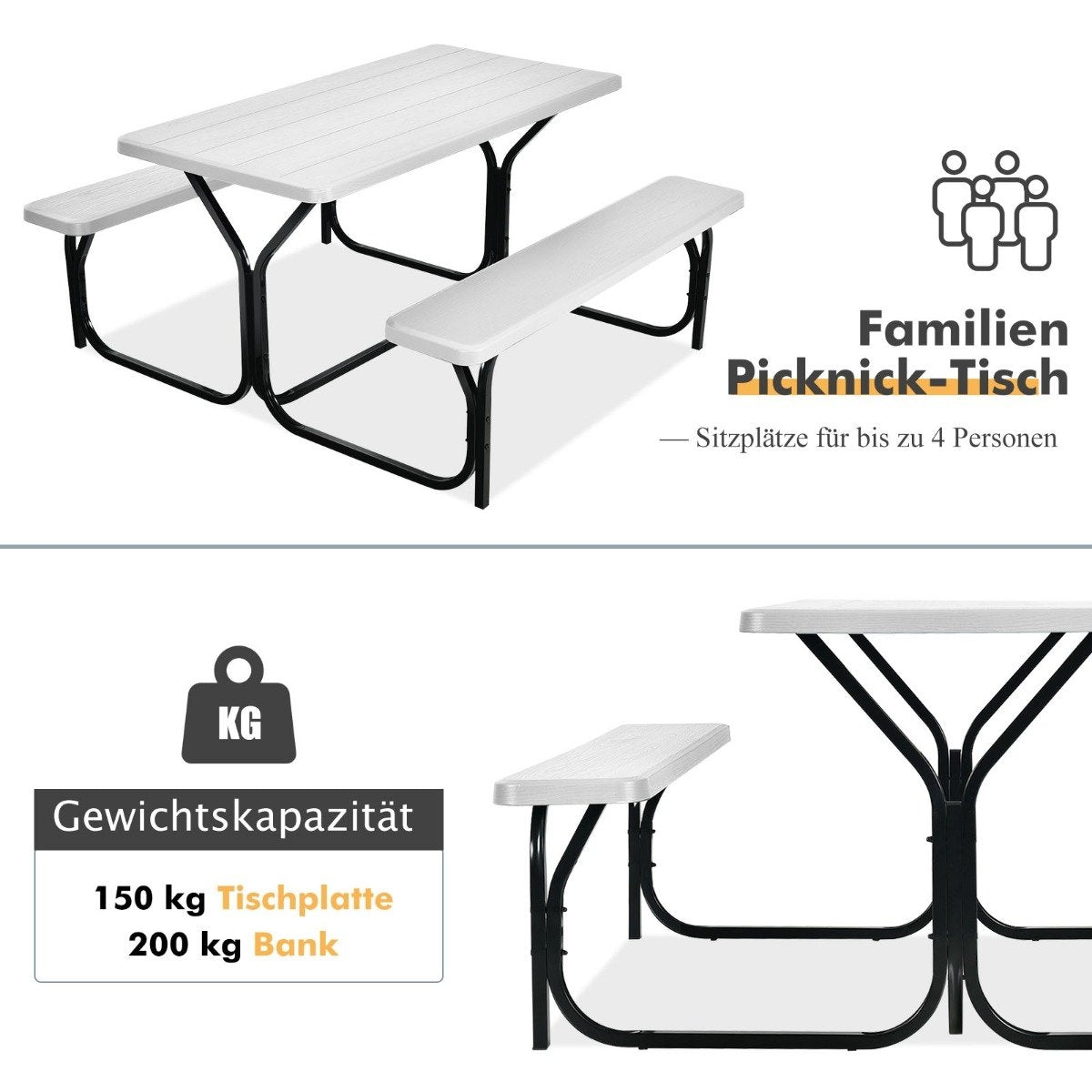 Beer tent set picnic table & 2 benches with white metal frame
