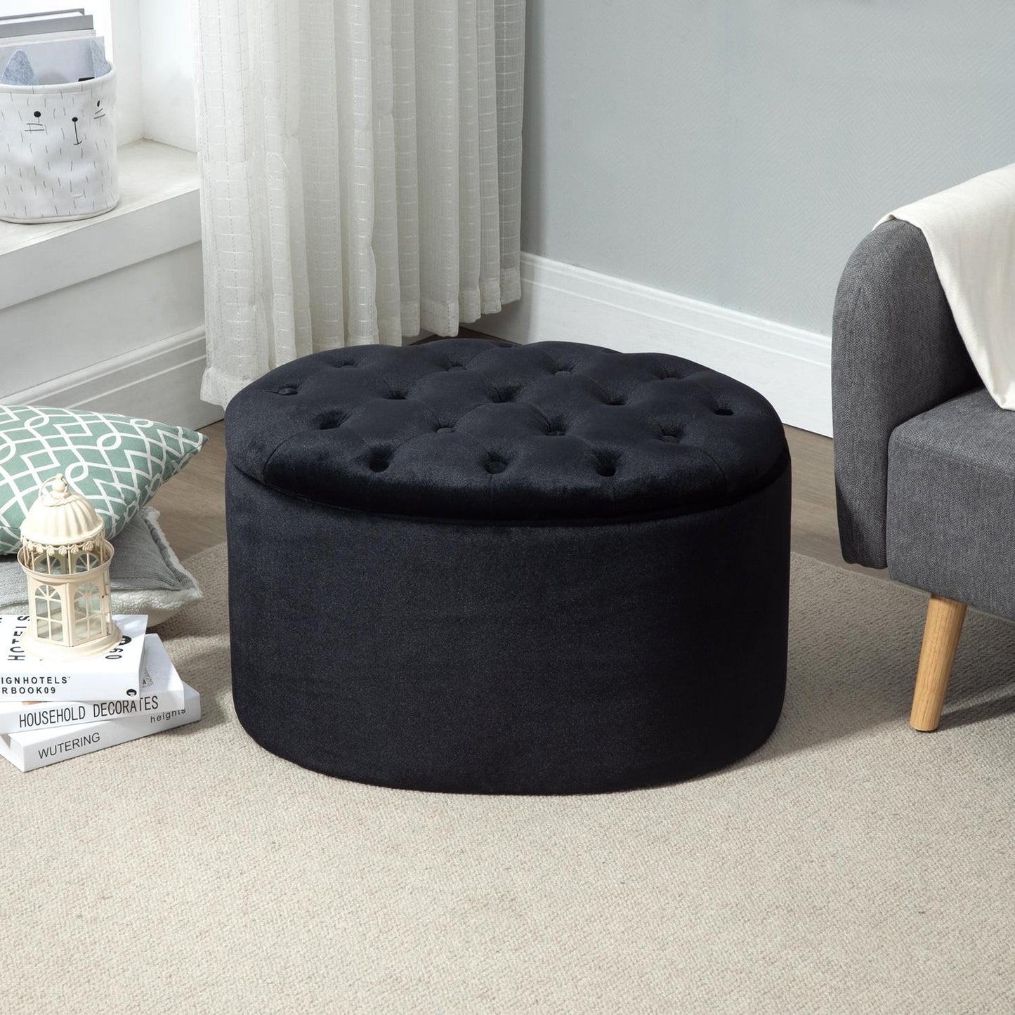 Modern Black Oval Bench - Upholstered Storage, Velvet Smooth Finish