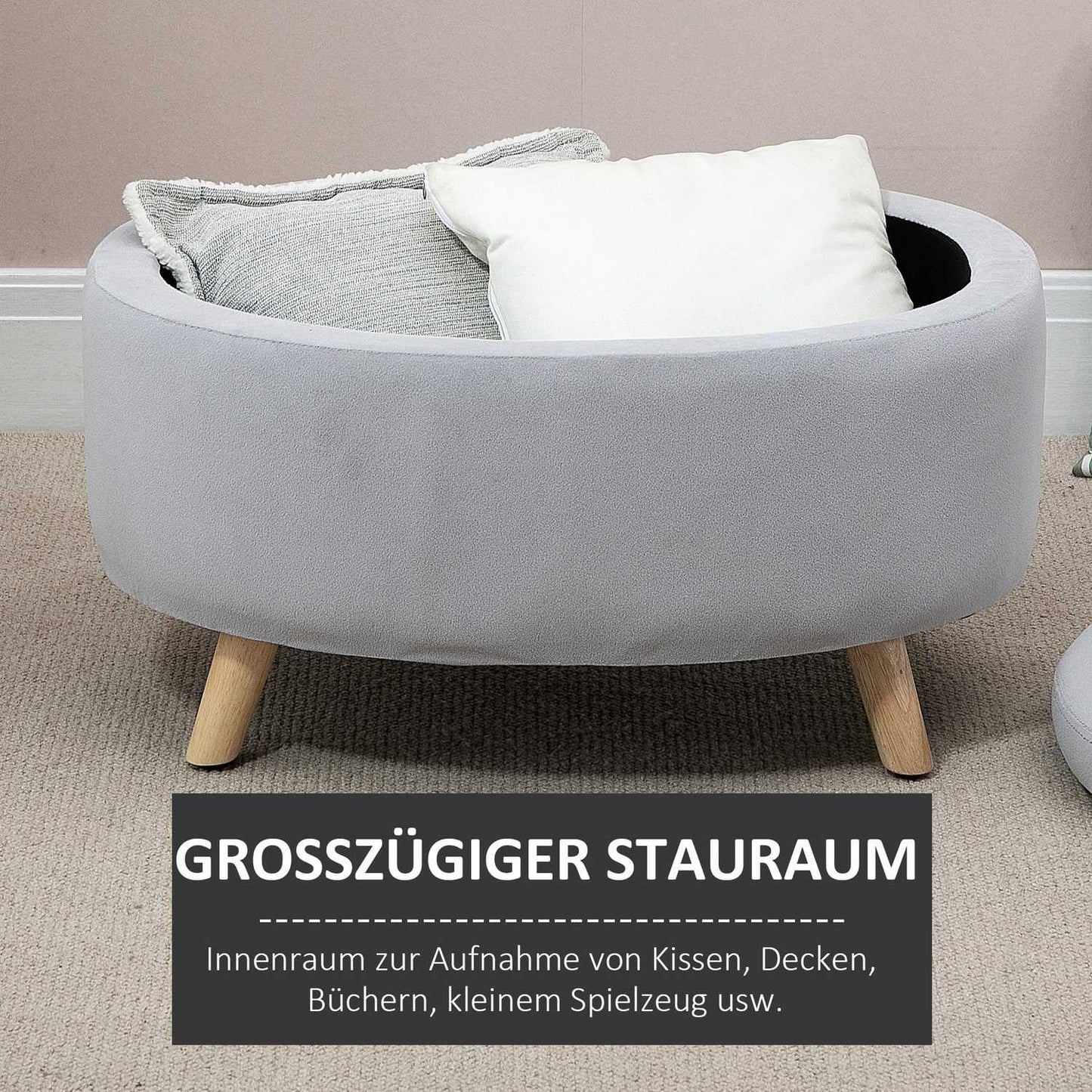 Upholstered storage bench, oval shape, light grey